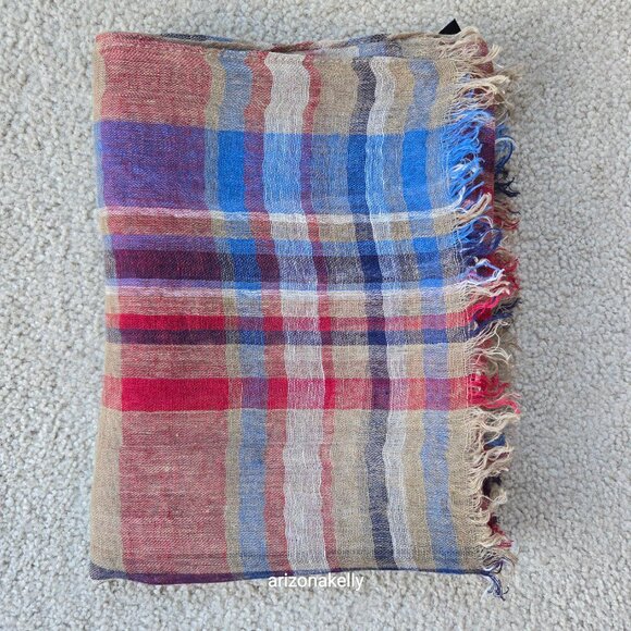 Barbour Linen Plaid Scarf Tan Red Blue - Picture 1 of 10
